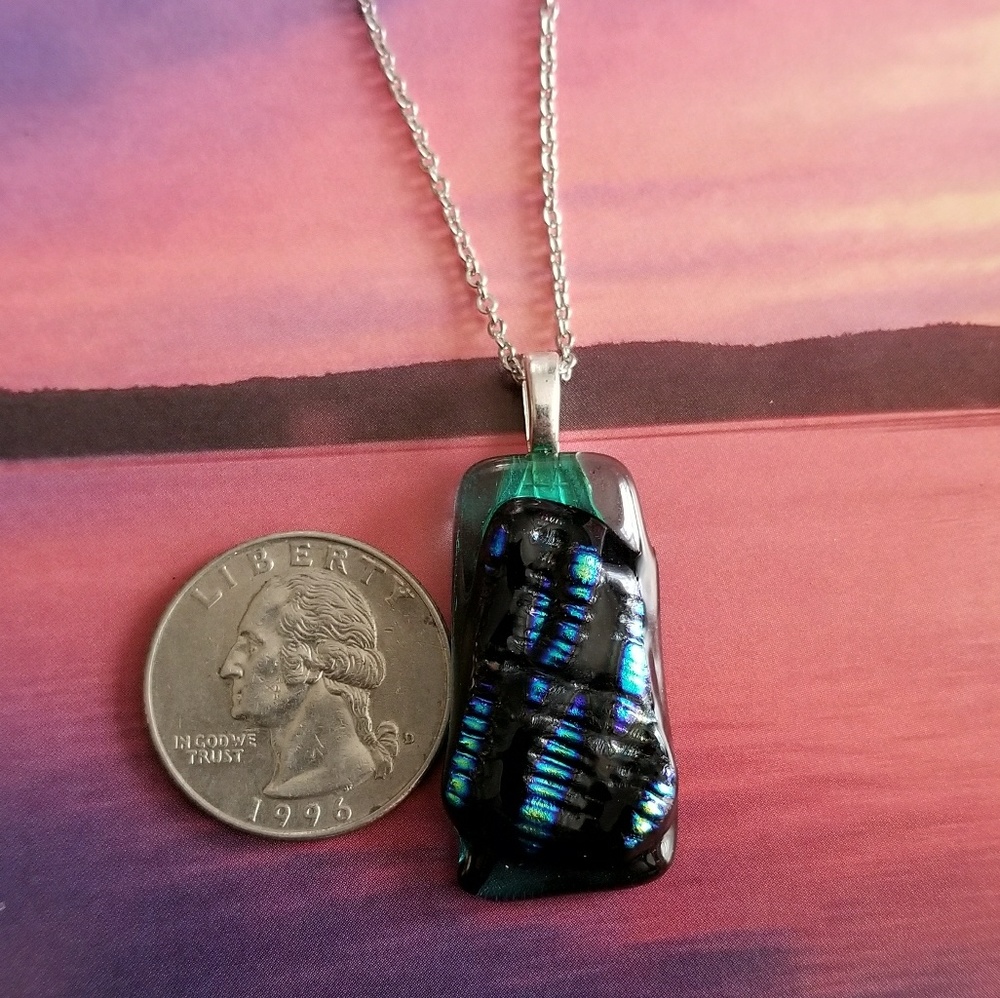 Relisted- Dichroic Glass necklace black blue green silver - Picture 6 of 8